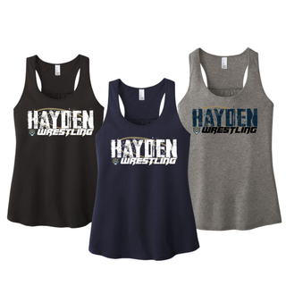 Black, navy, and grey women's racerback tanks with the distressed Hayden Wrestling design centered on the chest