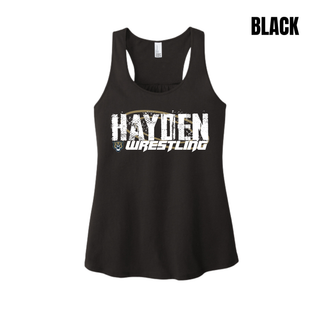 Black women's racerback tank with Hayden in white distressed block letters and Wrestling in white italic lettering