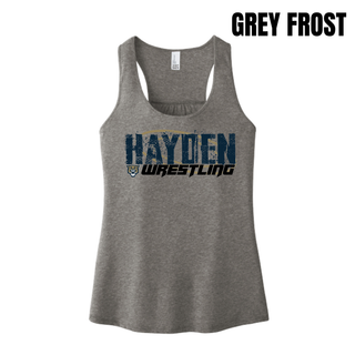 Grey frost women's racerback tank with Hayden in navy distressed block letters and Wrestling in black italic lettering