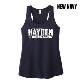 New navy women's racerback tank with Hayden in white distressed block letters and Wrestling in white italic lettering