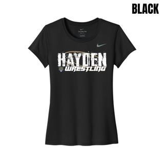 Black women's tee with Hayden in white distressed block letters and Wrestling in white italic lettering centered on the chest