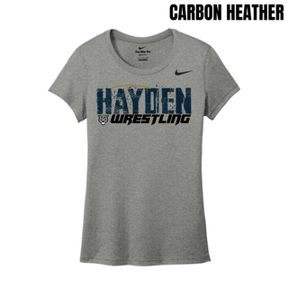 Carbon heather grey women's tee with Hayden in navy distressed block letters and Wrestling in black italic lettering centered on the chest