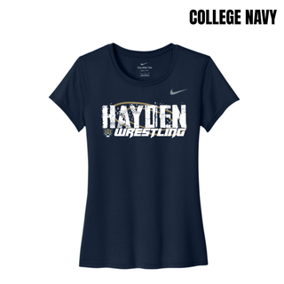 College navy women's tee with Hayden in white distressed block letters and Wrestling in white italic lettering centered on the chest
