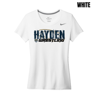 White women's tee with Hayden in navy distressed block letters and Wrestling in black italic lettering centered on the chest