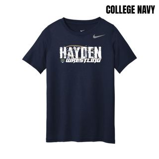 College navy youth tee with Hayden in white distressed block letters and Wrestling in white italic lettering centered on the chest