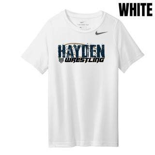 White youth tee with Hayden in navy distressed block letters and Wrestling in black italic lettering centered on the chest