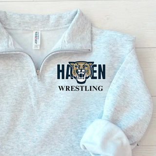 Ash grey cadet quarter-zip flat lay with navy Hayden lettering, a gold and navy wildcat head, and black Wrestling lettering on the left chest