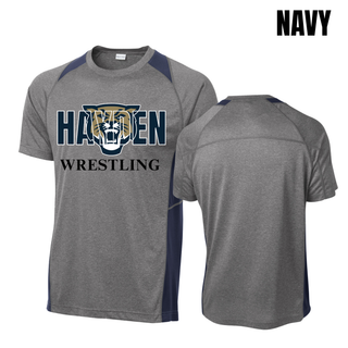 Heather grey Colorblock Contender Tee with navy colorblock panels and navy Hayden lettering, a gold and navy wildcat head, and black Wrestling lettering, shown from the front and back