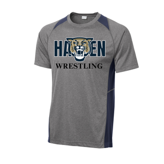 Heather grey Colorblock Contender Tee with navy colorblock panels and navy Hayden lettering, a gold and navy wildcat head, and black Wrestling lettering