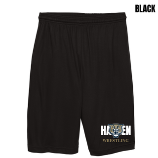 Black cooling performance shorts with white Hayden lettering, a gold and navy wildcat head, and gold Wrestling lettering