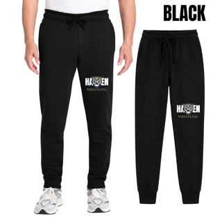 Black core fleece joggers with white Hayden lettering, a gold and navy wildcat head, and gold Wrestling lettering on the leg, shown on a model and flat