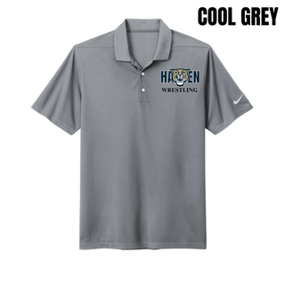 Cool Grey Dri-FIT Micro Pique polo with navy Hayden lettering, a gold and navy wildcat head, and black Wrestling lettering