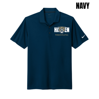 Navy Dri-FIT Micro Pique polo with white Hayden lettering, a gold and navy wildcat head, and gold Wrestling lettering