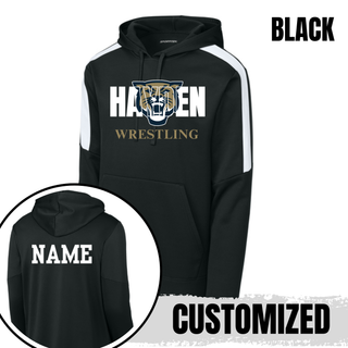 Black colorblock hooded pullover with white Hayden lettering, a gold and navy wildcat head, and gold Wrestling lettering, with a name printed on the back