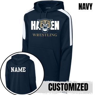 Navy colorblock hooded pullover with white Hayden lettering, a gold and navy wildcat head, and gold Wrestling lettering, with a name printed on the back