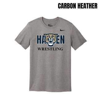 Carbon Heather men's rLegend tee with navy Hayden lettering, a gold and navy wildcat head, and black Wrestling lettering