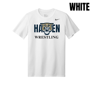 White men's rLegend tee with navy Hayden lettering, a gold and navy wildcat head, and black Wrestling lettering