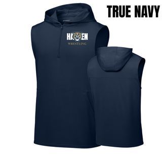 True Navy men's sleeveless hooded quarter-zip with white Hayden lettering, a gold and navy wildcat head, and gold Wrestling lettering, shown from the front and back