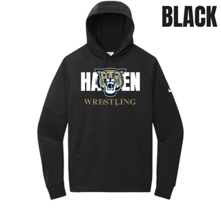 Black men's Therma-FIT pocket pullover hoodie with white Hayden lettering, a gold and navy wildcat head, and gold Wrestling lettering