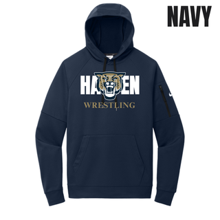 Navy men's Therma-FIT pocket pullover hoodie with white Hayden lettering, a gold and navy wildcat head, and gold Wrestling lettering