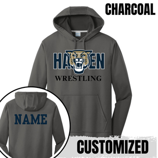 Charcoal performance hoodie with navy Hayden lettering, a gold and navy wildcat head, and black Wrestling lettering, with a name printed on the back