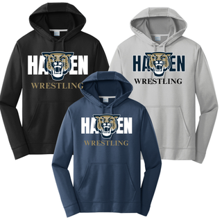 Black, Deep Navy, and Silver performance hoodies side by side, each with Hayden lettering, a wildcat head, and Wrestling lettering