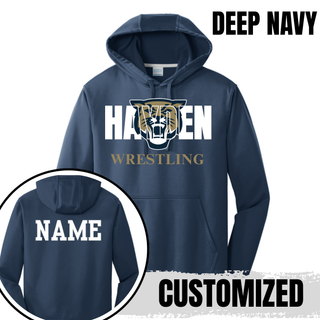 Deep Navy performance hoodie with white Hayden lettering, a gold and navy wildcat head, and gold Wrestling lettering, with a name printed on the back