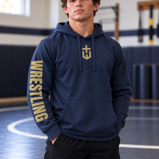 Alternate navy Hayden Wildcats Wrestling Fierce Wildcat Performance Hoodie mockup.