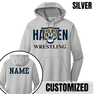 Silver performance hoodie with navy Hayden lettering, a gold and navy wildcat head, and black Wrestling lettering, with a name printed on the back