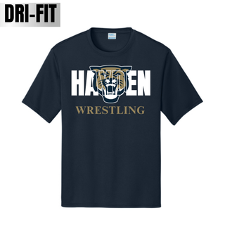 Deep Navy performance top with white Hayden lettering, a gold and navy wildcat head, and gold Wrestling lettering