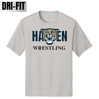 Silver performance top with navy Hayden lettering, a gold and navy wildcat head, and black Wrestling lettering