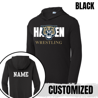 Black PosiCharge hooded pullover with white Hayden lettering, a gold and navy wildcat head, and gold Wrestling lettering, with a name printed on the back