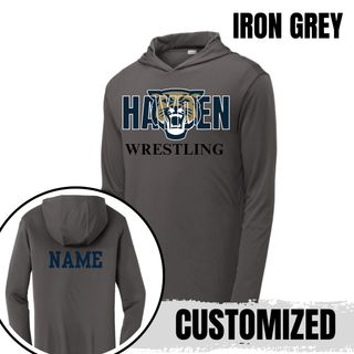 Iron Grey PosiCharge hooded pullover with navy Hayden lettering, a gold and navy wildcat head, and black Wrestling lettering, with a name printed on the back