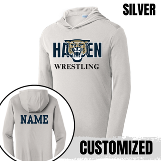 Silver PosiCharge hooded pullover with navy Hayden lettering, a gold and navy wildcat head, and black Wrestling lettering, with a name printed on the back