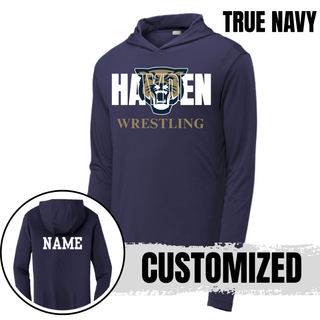 True Navy PosiCharge hooded pullover with white Hayden lettering, a gold and navy wildcat head, and gold Wrestling lettering, with a name printed on the back