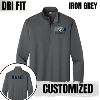 Iron Grey PosiCharge quarter-zip with navy Hayden lettering, a gold and navy wildcat head, and black Wrestling lettering, with a name printed on the back
