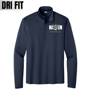 True Navy PosiCharge quarter-zip with white Hayden lettering, a gold and navy wildcat head, and gold Wrestling lettering