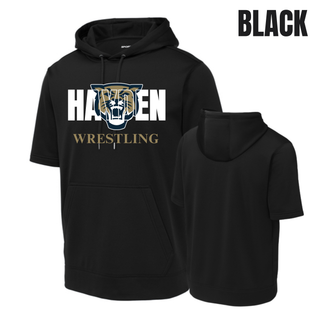 Black short sleeve hooded pullover with white Hayden lettering, a gold and navy wildcat head, and gold Wrestling lettering, shown from the front and back