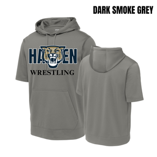 Dark Smoke Grey short sleeve hooded pullover with navy Hayden lettering, a gold and navy wildcat head, and black Wrestling lettering, shown from the front and back