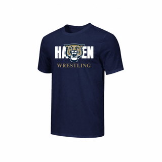 Navy tee with white Hayden lettering, a growling gold and navy wildcat mascot head in place of the Y, and gold Wrestling lettering underneath
