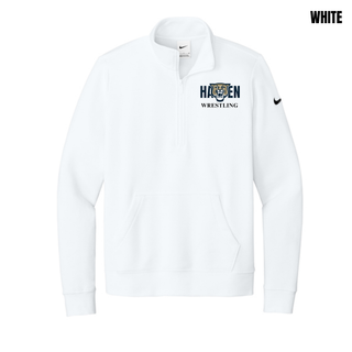 White women's club fleece half-zip with navy Hayden lettering, a gold and navy wildcat head, and black Wrestling lettering