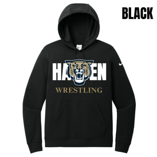 Black women's club fleece pullover hoodie with white Hayden lettering, a gold and navy wildcat head, and gold Wrestling lettering