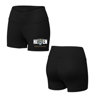 Front and back views of black women's interval performance shorts with white Hayden lettering, a gold and navy wildcat head, and gold Wrestling lettering near the hem of the leg