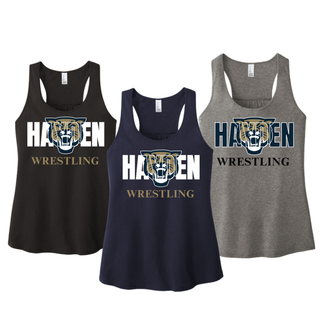 Black, New Navy, and Grey Frost women's racerback tanks side by side, each with Hayden lettering, a wildcat head, and Wrestling lettering