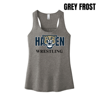 Grey Frost women's racerback tank with navy Hayden lettering, a gold and navy wildcat head, and black Wrestling lettering