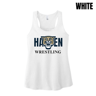 White women's racerback tank with navy Hayden lettering, a gold and navy wildcat head, and black Wrestling lettering