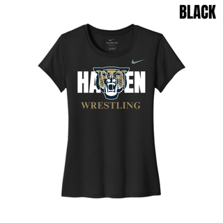 Black women's rLegend tee with white Hayden lettering, a gold and navy wildcat head, and gold Wrestling lettering