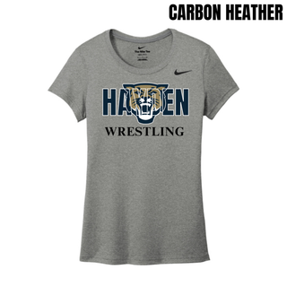 Carbon Heather women's rLegend tee with navy Hayden lettering, a gold and navy wildcat head, and black Wrestling lettering