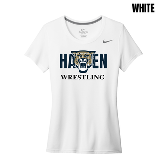 White women's rLegend tee with navy Hayden lettering, a gold and navy wildcat head, and black Wrestling lettering