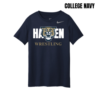 College Navy youth rLegend tee with white Hayden lettering, a gold and navy wildcat head, and gold Wrestling lettering